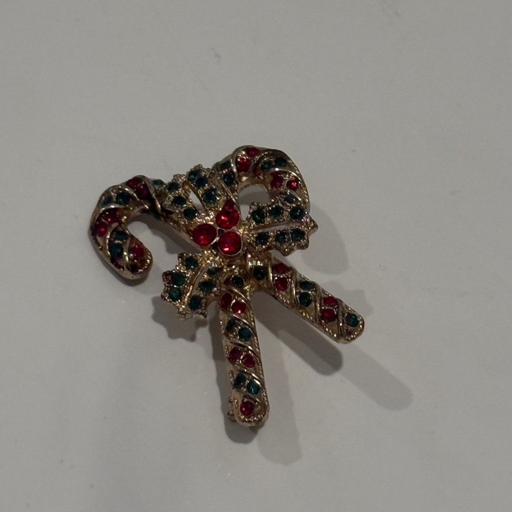 Elegant Gold Candy Cane Brooch with Red and Green‎ Accents